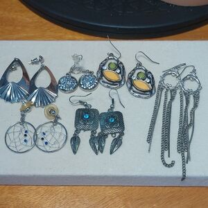 6 Pair Silvertone Earrings Dangle Lot